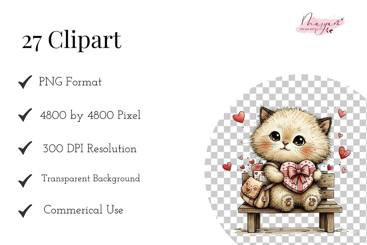 Whimsical Valentine Cat Clipart PNG, an Animal Illustration by maryamdesignarts (Photo 2 of 12)
