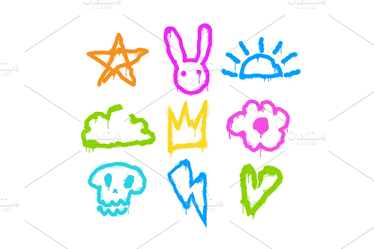 Colorful graffiti street art icons, an Illustration by pikepicture