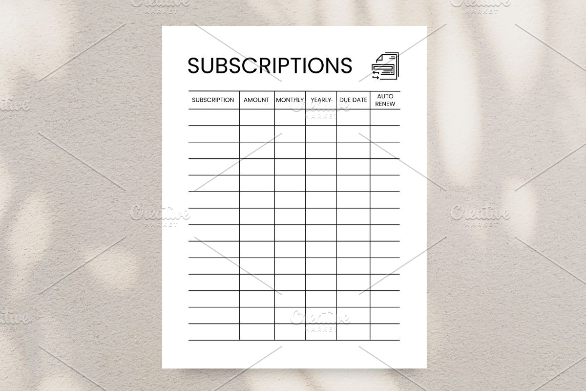 Subscription Tracker Printable, a Print Template by HillTract