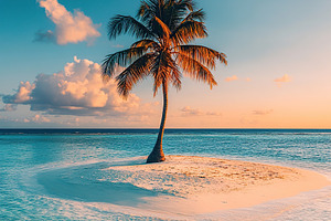 Sunset over a tranquil island with a lone palm tree in the middle of the ocean, a Nature Photo by AlyaAnd