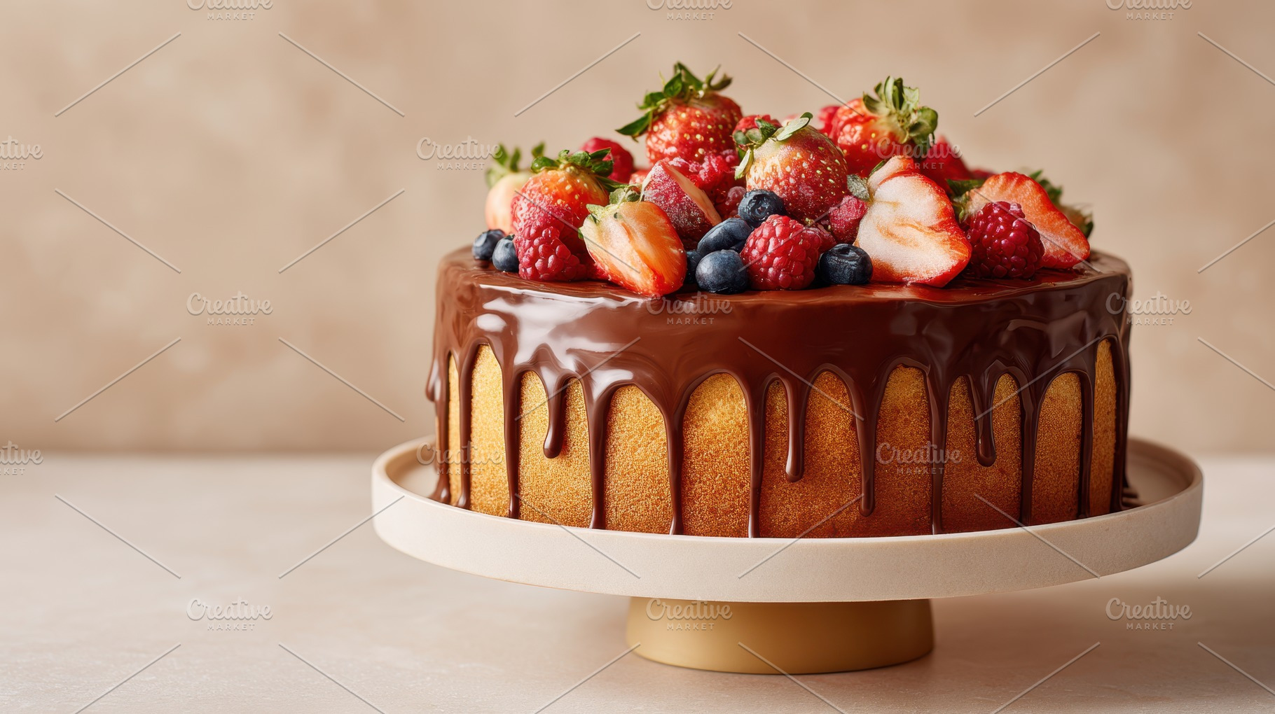 Decadent chocolate cake with fresh fruit topping, a Food & Drink Photo by AlyaAnd
