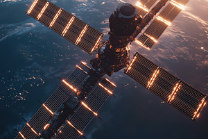 A stunning view of a space station orbiting Earth, illuminated by sunlight. The, a Technology Photo by Textures & Backgrounds