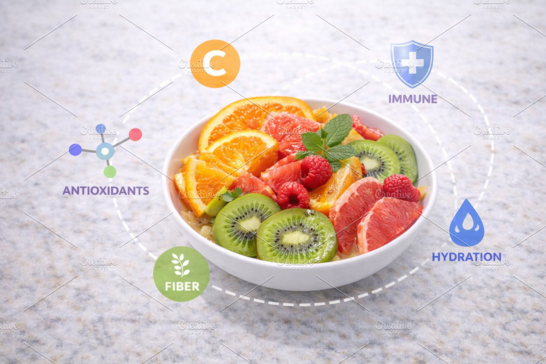 Fresh fruit bowl with vitamin and nu, a Photo by Dvoevnore photos