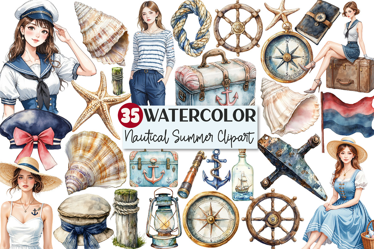 Vintage Nautical Summer Clipart, an Illustration by Rose Art (Photo 1 of 7)