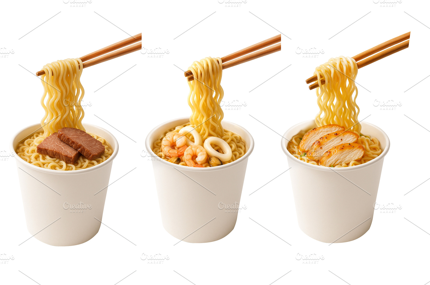 Three cups of ramen noodles with, a Food & Drink Photo by Sergey Kotenev