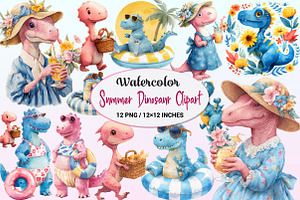 Summer Dinosaur Watercolor Clipart, a Graphic by CitraGraphics