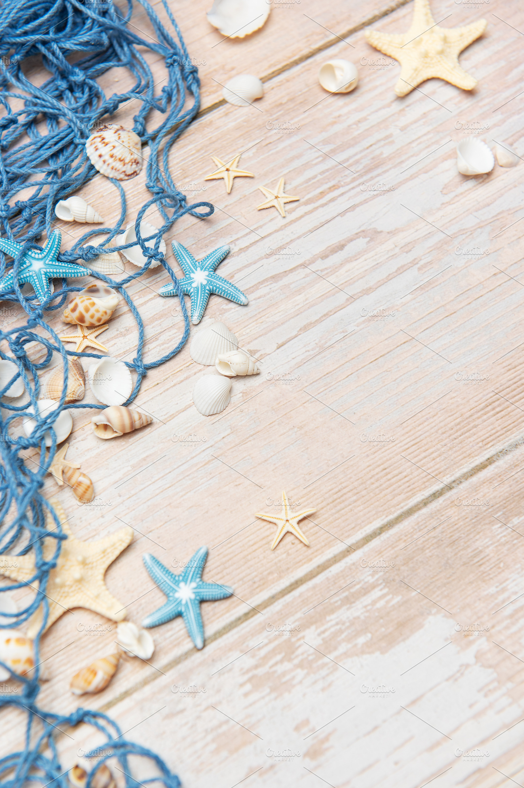 Fishing net, seashells, and starfishes creating a seaside border, a Holiday Photo by Olena Rudo