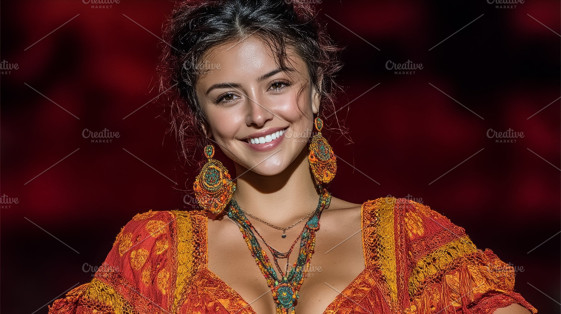 Smiling woman in vibrant traditional attire with ornate jewelry, a Photo by AS photostudio