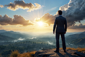 Businessman Standing on Mountain Pea, a Business Photo by Stock Shape
