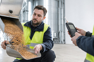 Farm worker analyzing grain quality, a Photo by Dvoevnore photos