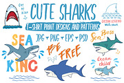 Cute Sharks Set and Patterns, an Animal Illustration by Lemon Workshop (Thumbnail 1 of 16)