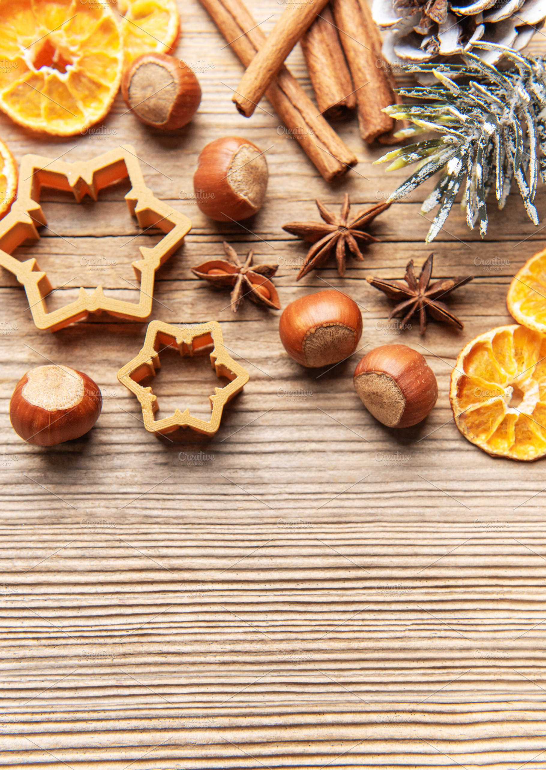 Christmas baking ingredients on rustic wooden background, a Holiday Photo by Olena Rudo