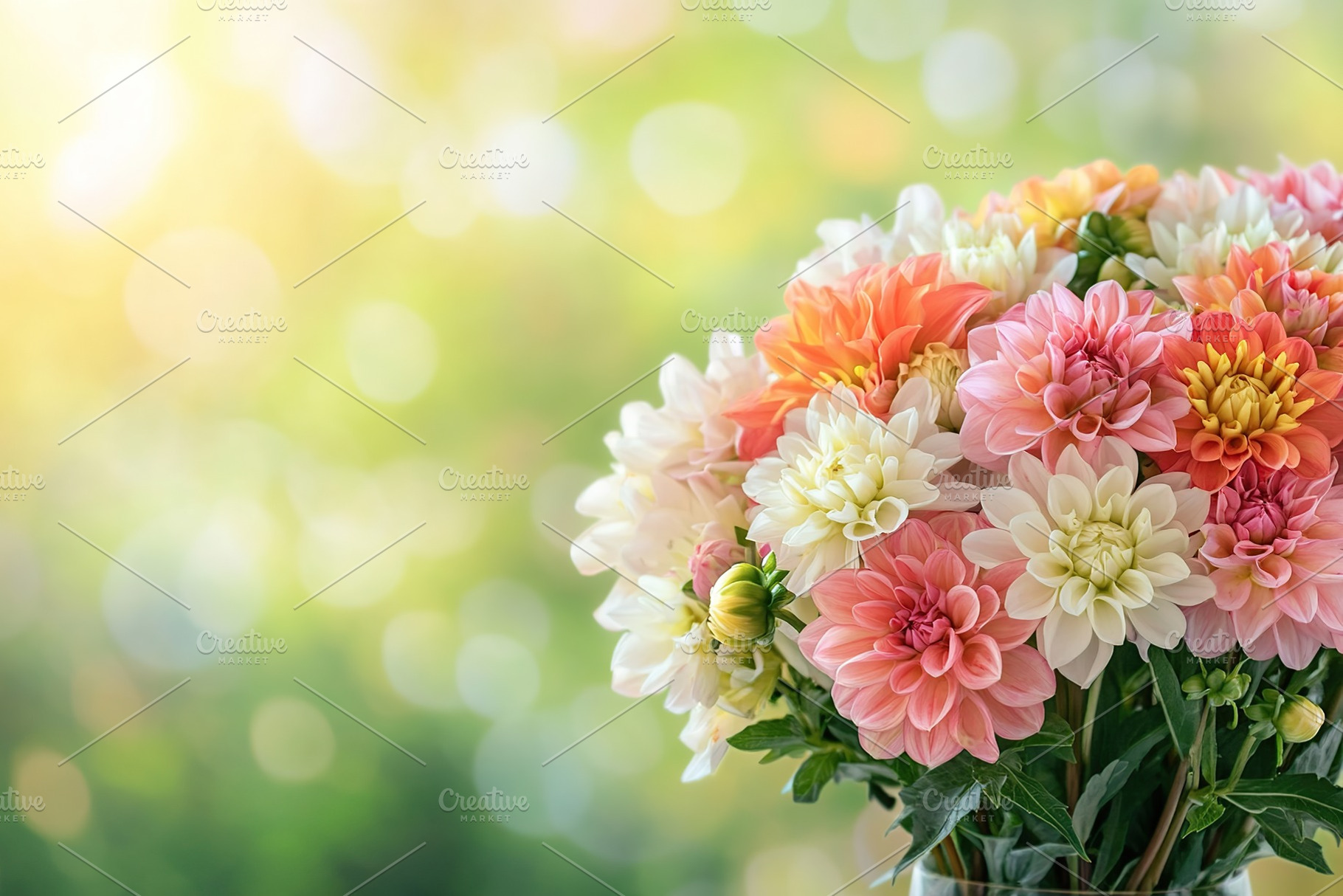 Brightly blooming pink, orange, and white dahlia flowers in a vibrant garden se, a Nature Photo by AlyaAnd