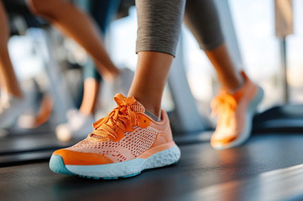 Female legs in running shoes in gym while exercising on a treadmill during morn, a Sports & Recreation Photo by AlyaAnd