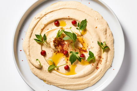 Classic hummus with herbs, olive oil in a vintage ceramic bowl flat lay, a Food & Drink Photo by Natalia Klenova's Shop