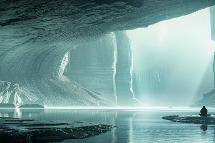 A man stands in the center of a dark cave, a Background Photo by ImageMir