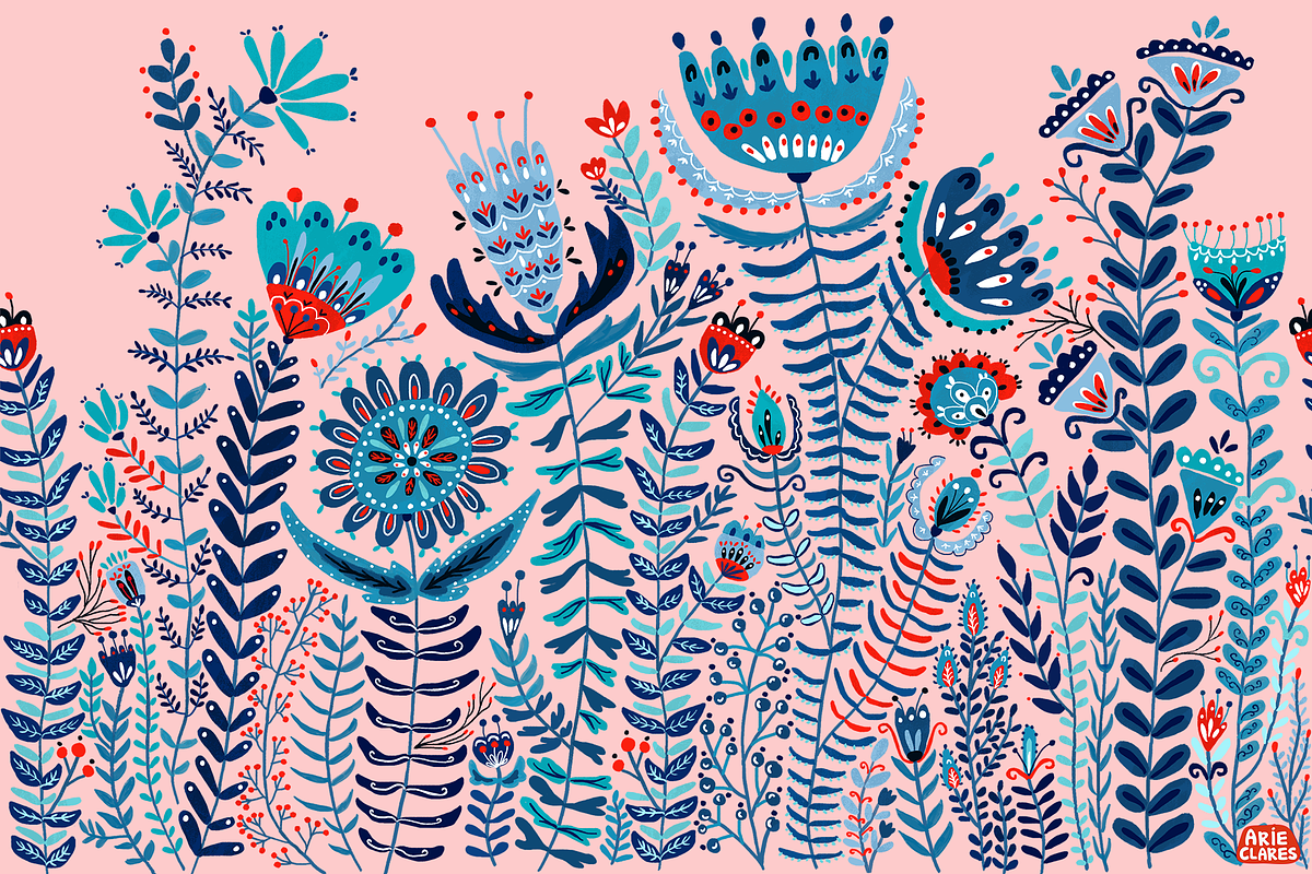 Blue Folk Art Garden, a Pattern Graphic by Arie Clares (Photo 5 of 13)