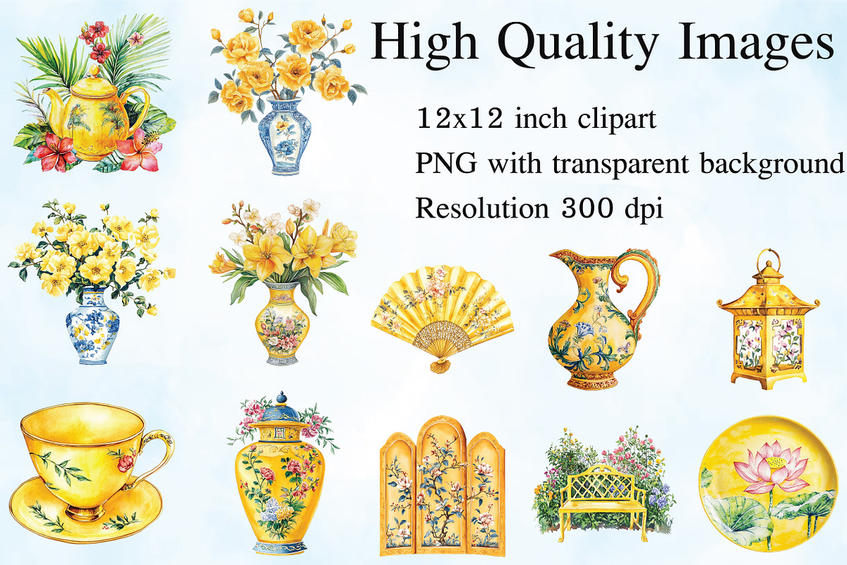 Yellow Chinoiseries Summer Clipart, an Illustration by Craft Nest (Photo 2 of 5)