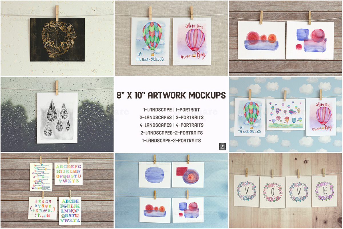 8x10 Artwork Mock Ups on Clothesline, a Print Template by JSquarePresents (Photo 1 of 3)