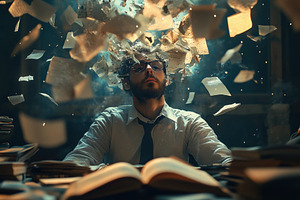 A psycholinguist man with glasses sits at a desk surrounded by flying papers, s, a Person Photo by Textures & Backgrounds