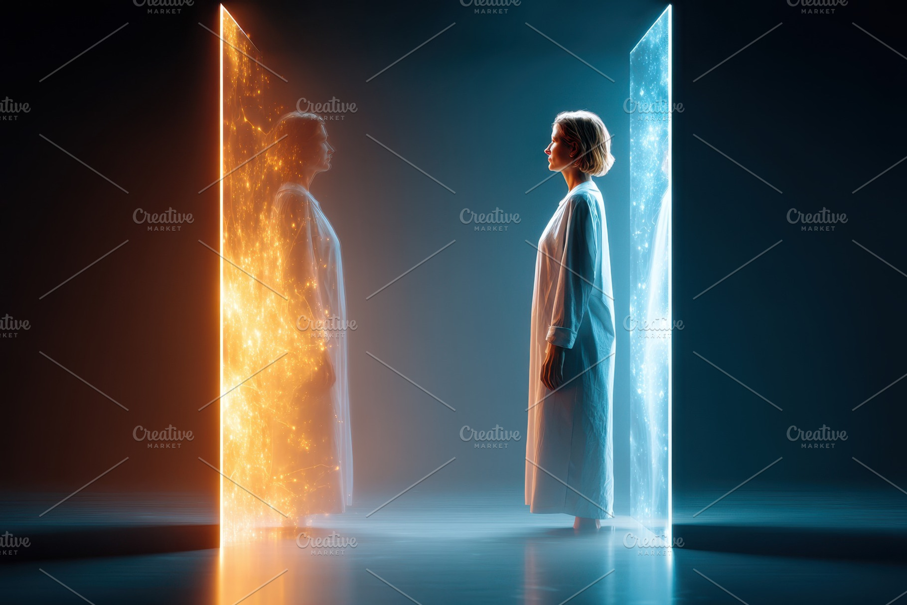 Woman between glowing portals, an Abstract Photo by AlyaAnd
