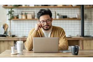 Asian man working from home, focused, a Person Photo by Sergey Kotenev