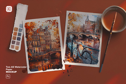 Two A5 Watercolor Paper Mockup, a Product Mockup by Custom Scene