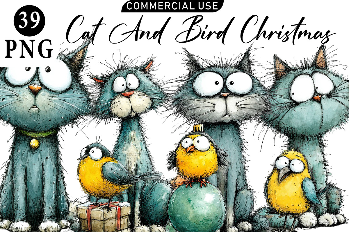 Cat And Bird Christmas Clipart, an Illustration by Daily.Designs (Photo 1 of 5)