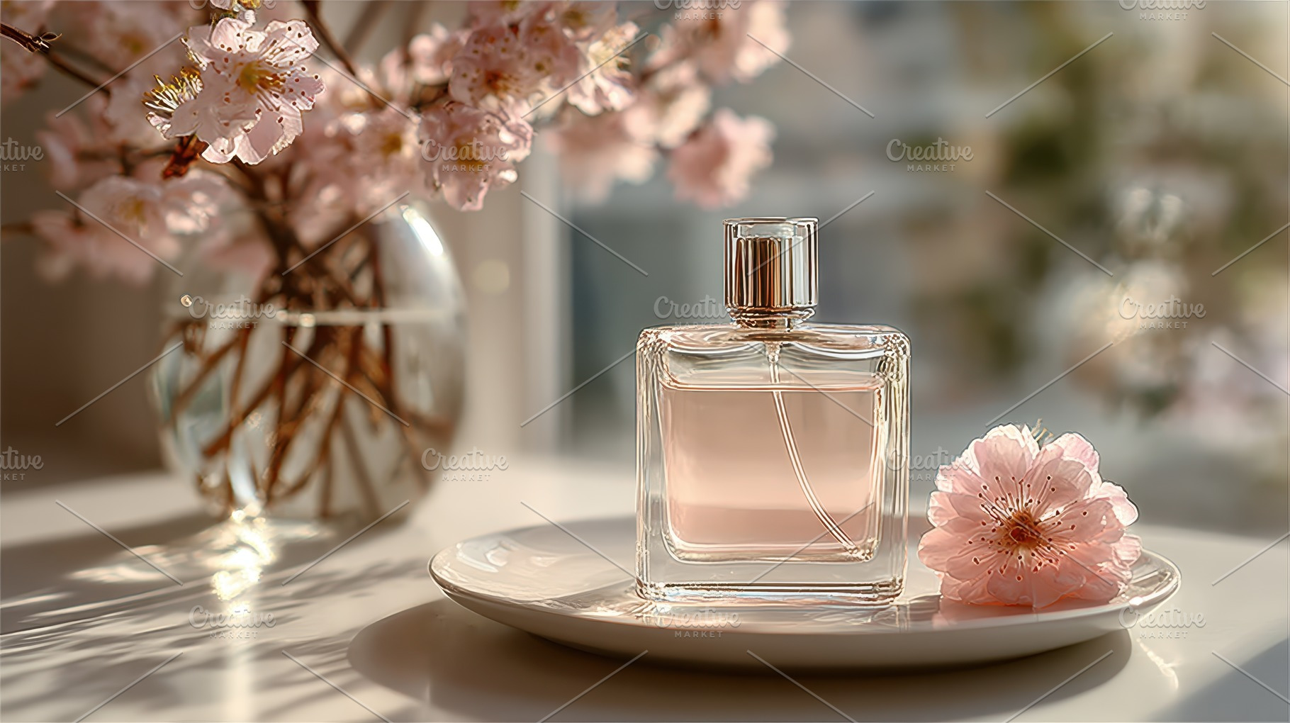 Perfume bottle and pink flowers deli, a Photo by Pixeness Studio