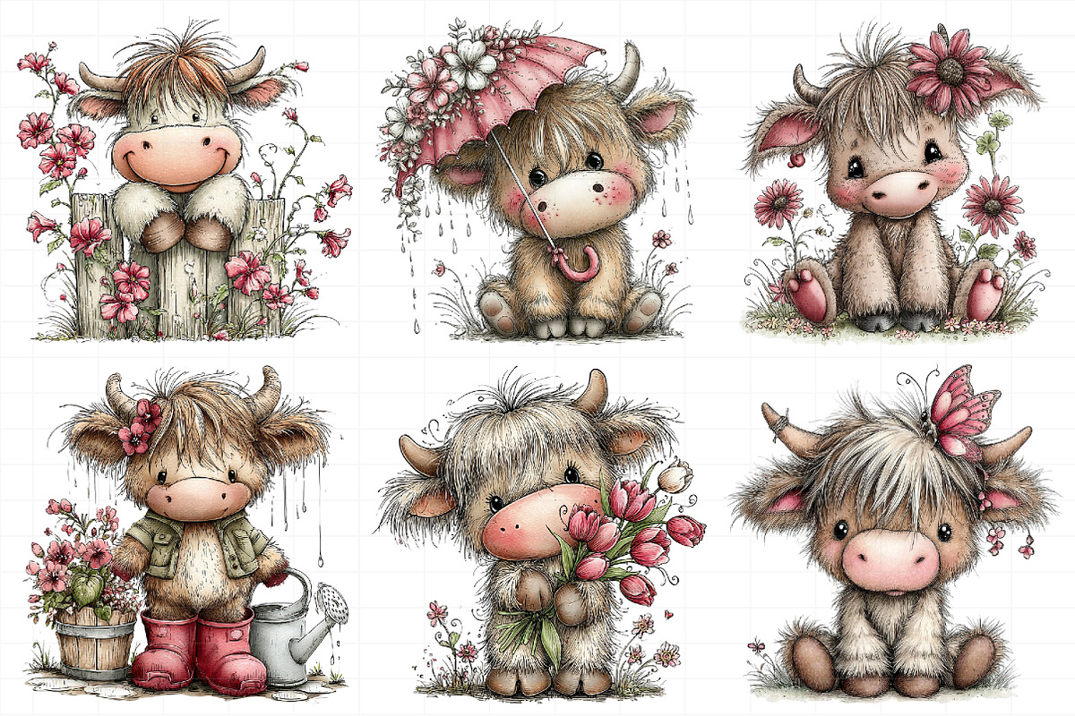 Whimsical Spring Highland Cow Clipar, an Illustration by Daily.Designs (Photo 3 of 8)