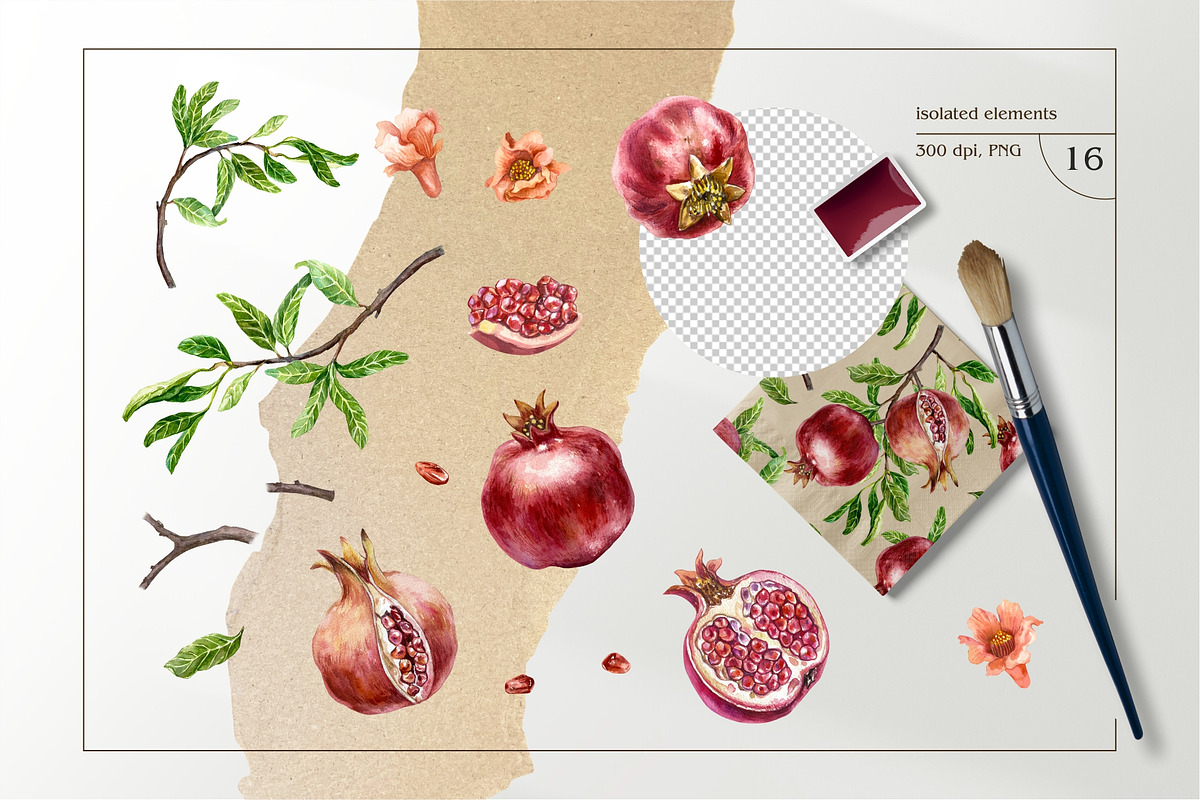 Pomegranates Watercolor collection, a Food Illustration by Farida Bik (Photo 5 of 15)