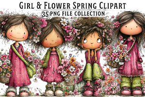 Girl & Flower Spring Clipart, an Illustration by Dream Creation