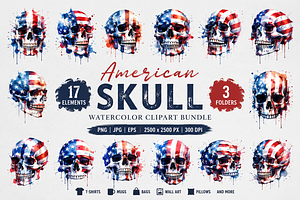American Skull Watercolor Clipart, a Seasonal Illustration by S Graphic Studio
