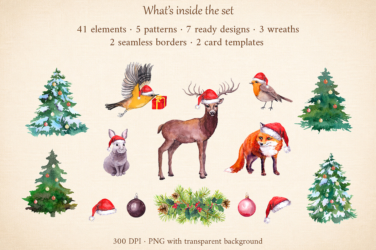 Christmas Woodland Watercolor Set, a Seasonal Illustration by Where summer is (Photo 3 of 11)
