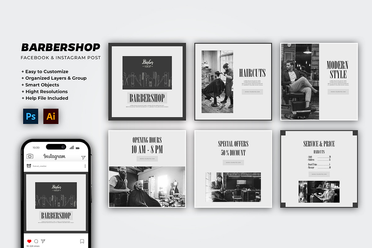 Barbershop instagram post, a Social Media Template by Glowin_studio (Photo 1 of 4)