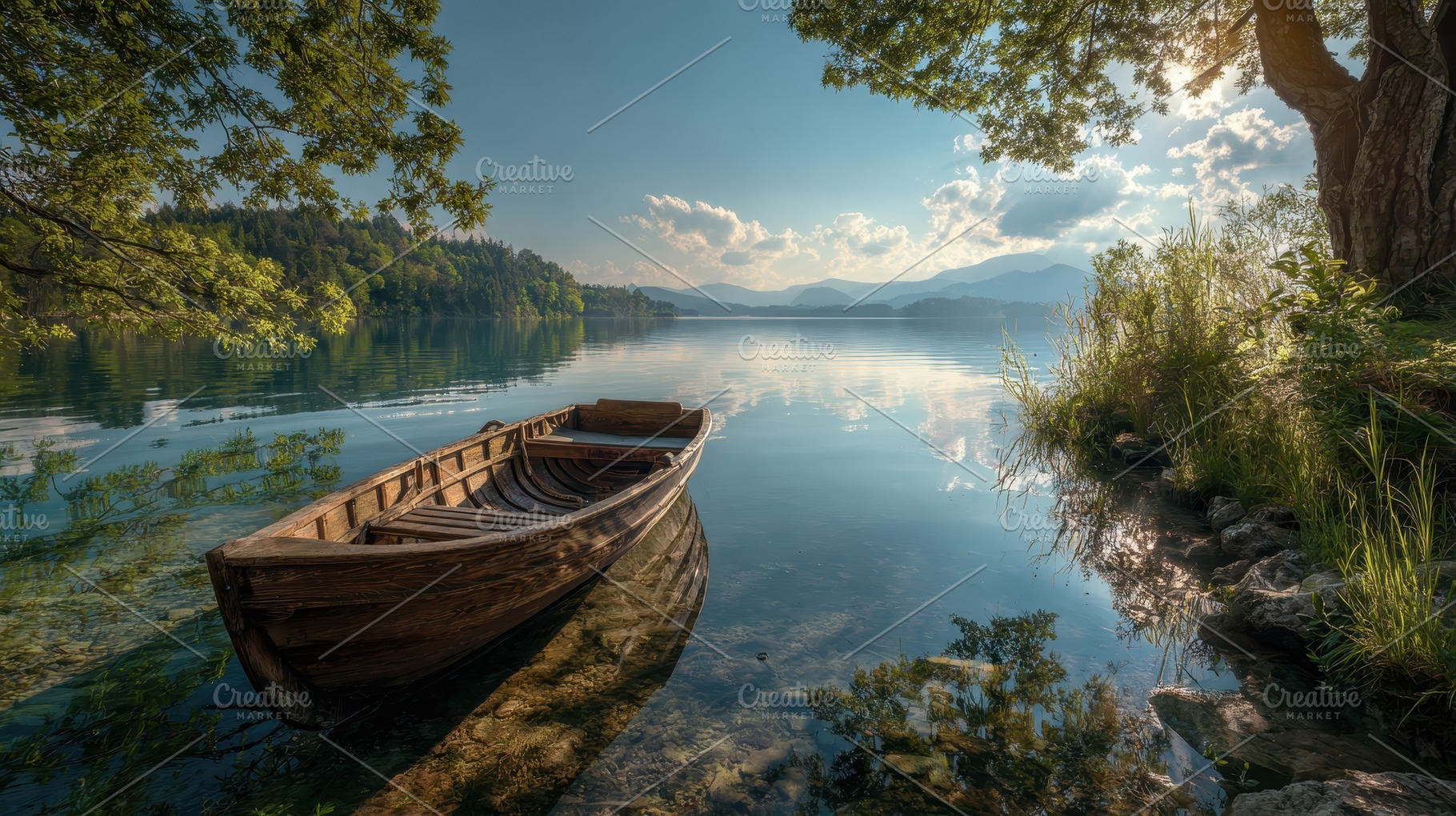 A wooden boat sits on calm water, a Photo by Pavel_design
