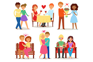 Couple In Love Vector Lovers Characters In Lovely Relationships On Loving Date Together On Valentines Day And Boyfriend Kissing Loved Girlfriend Illus