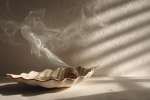 Incense burning in a simple dish, a Photo by Beautiful things