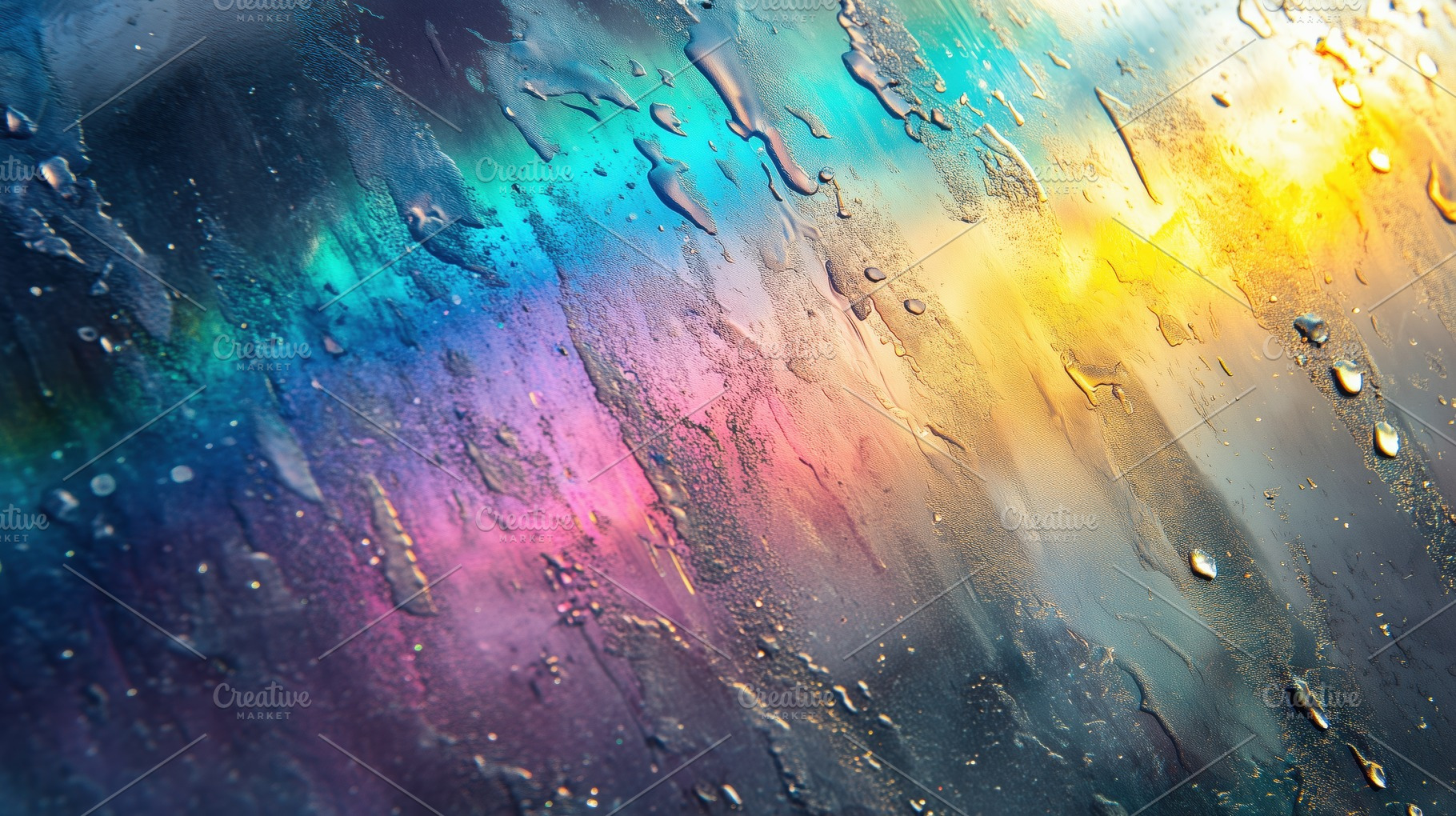 A close-up view of a rain-soaked window, showcasing colorful reflections and dr, an Industrial Photo by Textures & Backgrounds
