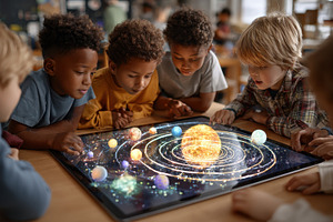 Kids exploring solar system on table, a Photo by Pixeness Studio