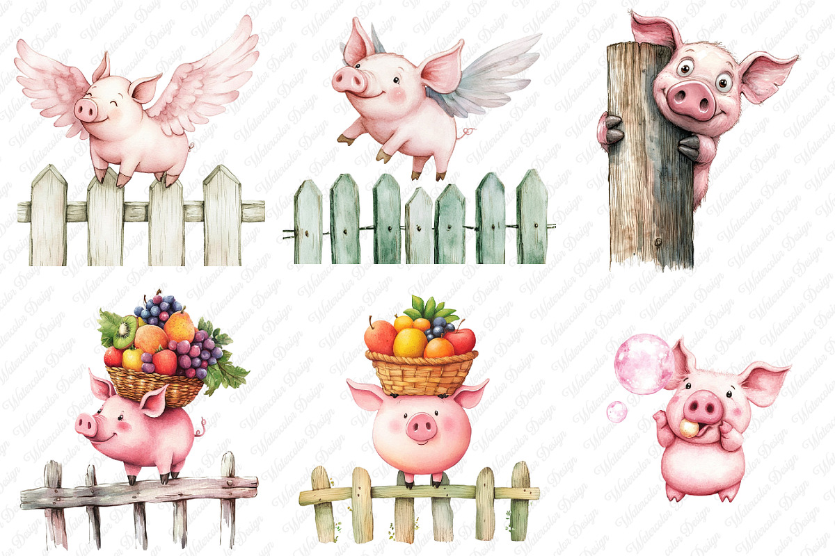 Funny Pig on Fence Clipart, an Illustration by Watercolor design (Photo 4 of 12)