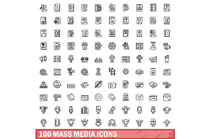 100 mass media icons set, outline, an Object Illustration by Ylivdesign