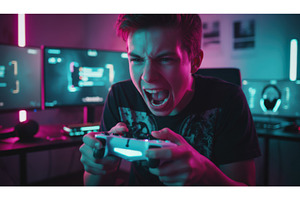 Young man shouts with excitement and, a Technology Photo by Igor Tichonow