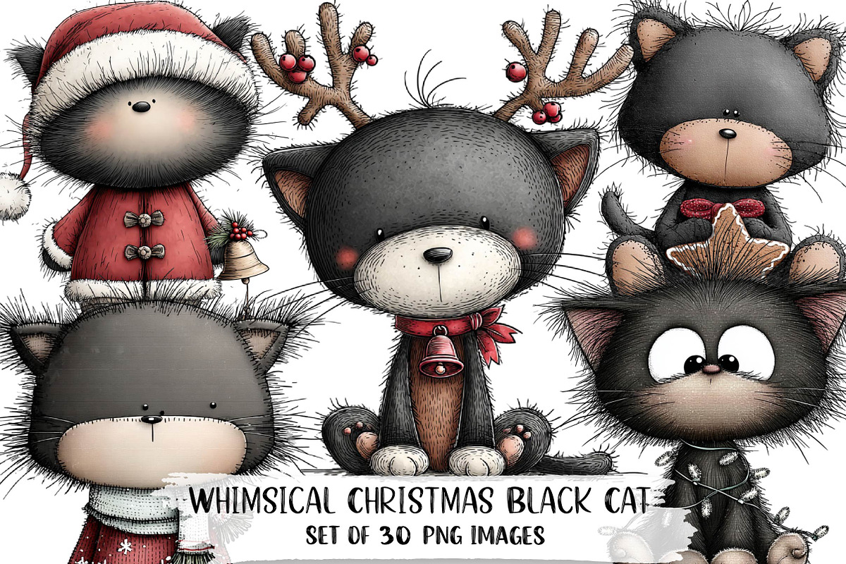 Whimsical Christmas Black Cat Clipar, an Illustration by DreamPrint404 (Photo 1 of 6)