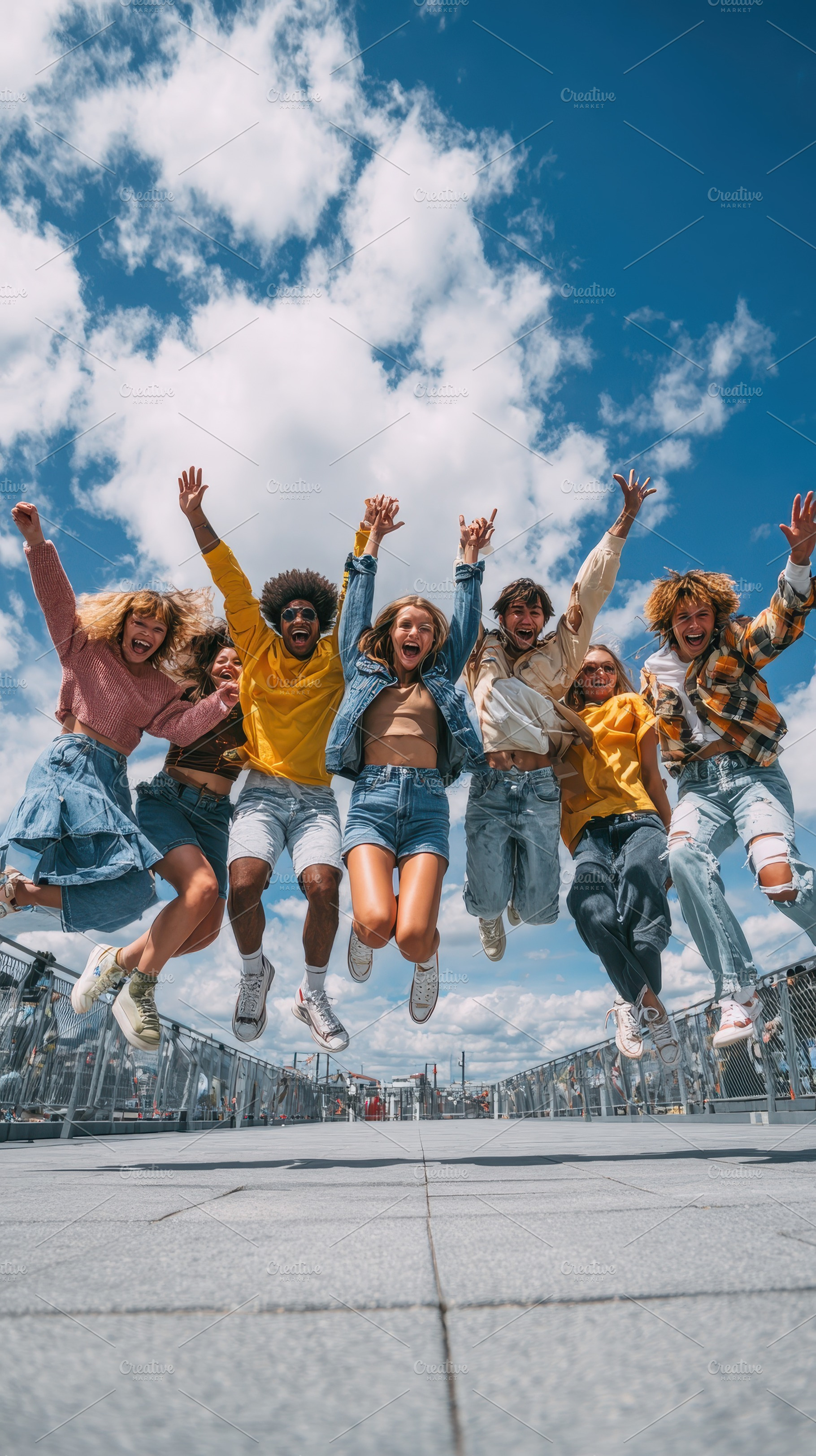 Happy friends jumping joyfully outdo, a Photo by Pixeness Studio