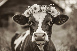 Flower Crown Cow Sepia Farm Animal P, an Animal Photo by Pixeness Studio
