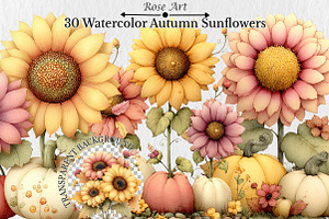 Watercolor Autumn Sunflowers Clipart, a Seasonal Illustration by Rose Art