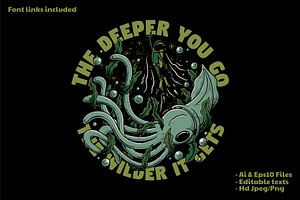 retro diver running from giant squid, a Branding & Logo Template by Judsart