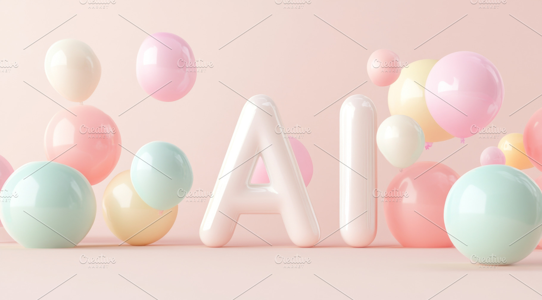 Pastel balloons surrounding AI letters on light background, suit, a Photo by Dvoevnore photos