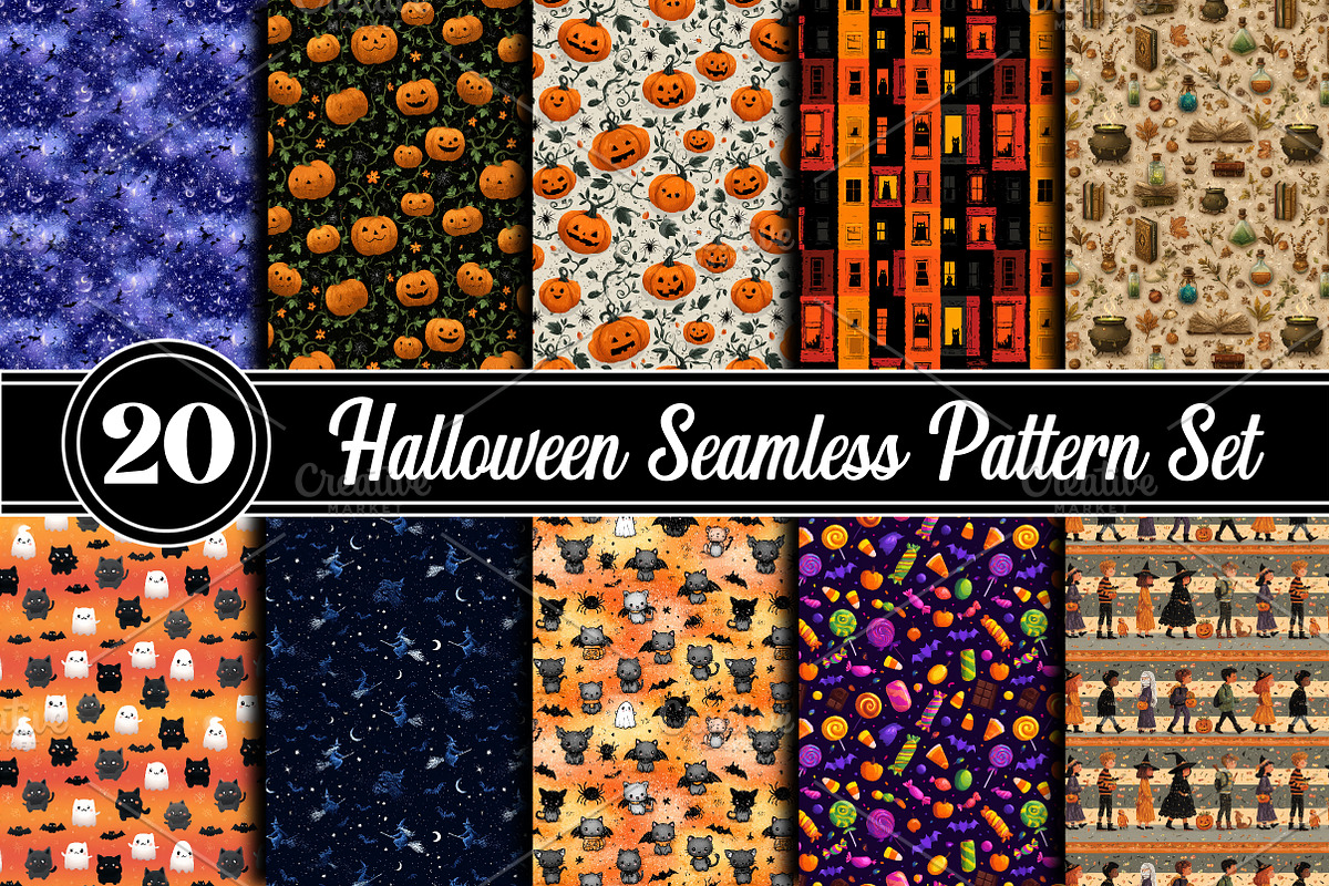 Halloween Seamless Pattern Set, an Illustration by RobertsArt (Photo 1 of 4)
